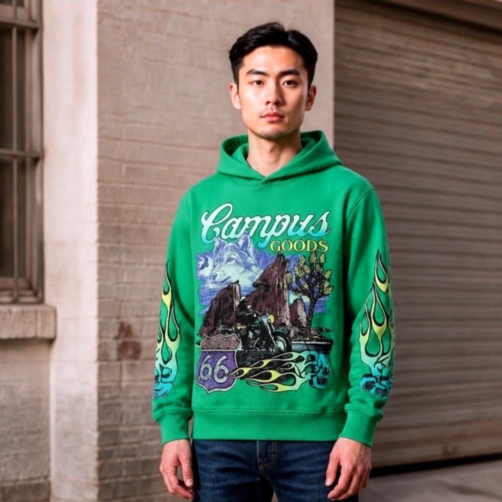 Campus Goods Mens L SunFade Green Route 66 Wolf Motorcycle Skull Graphic Hoodie